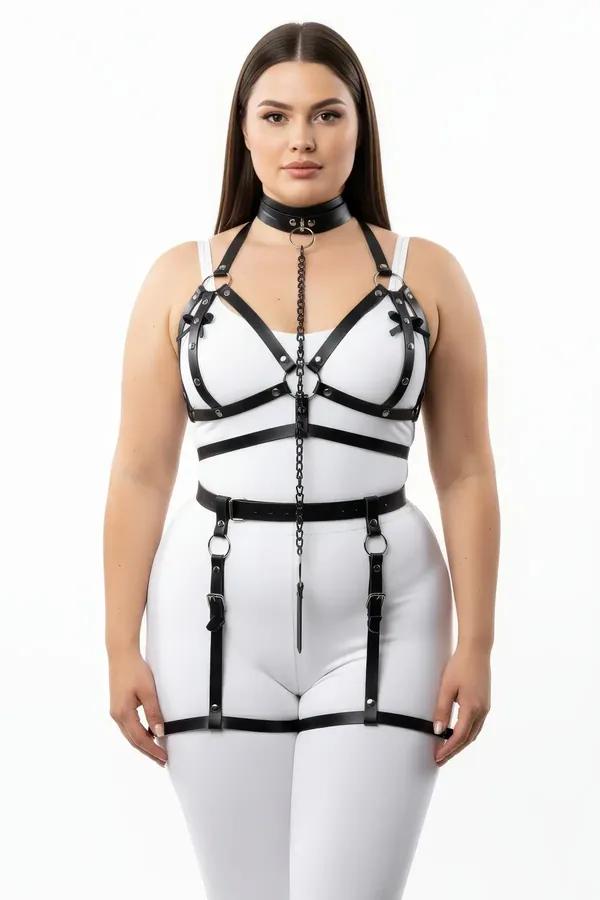 büyük beden siyah vegan deri harness takım zincir detaylı jartiyer aksesuar gümüş metal toka
