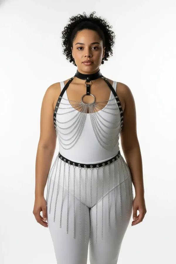 black faux leather chained body harness set with silver O-ring collar and cascading chest chains plus studded waist fringe be