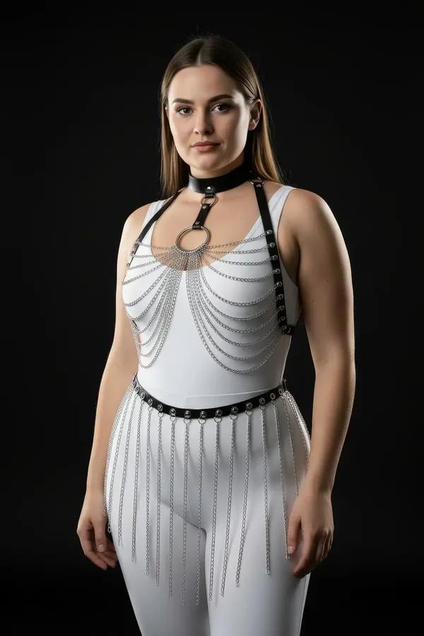 black faux leather chained body harness set with silver O-ring collar and cascading chest chains plus studded waist fringe be