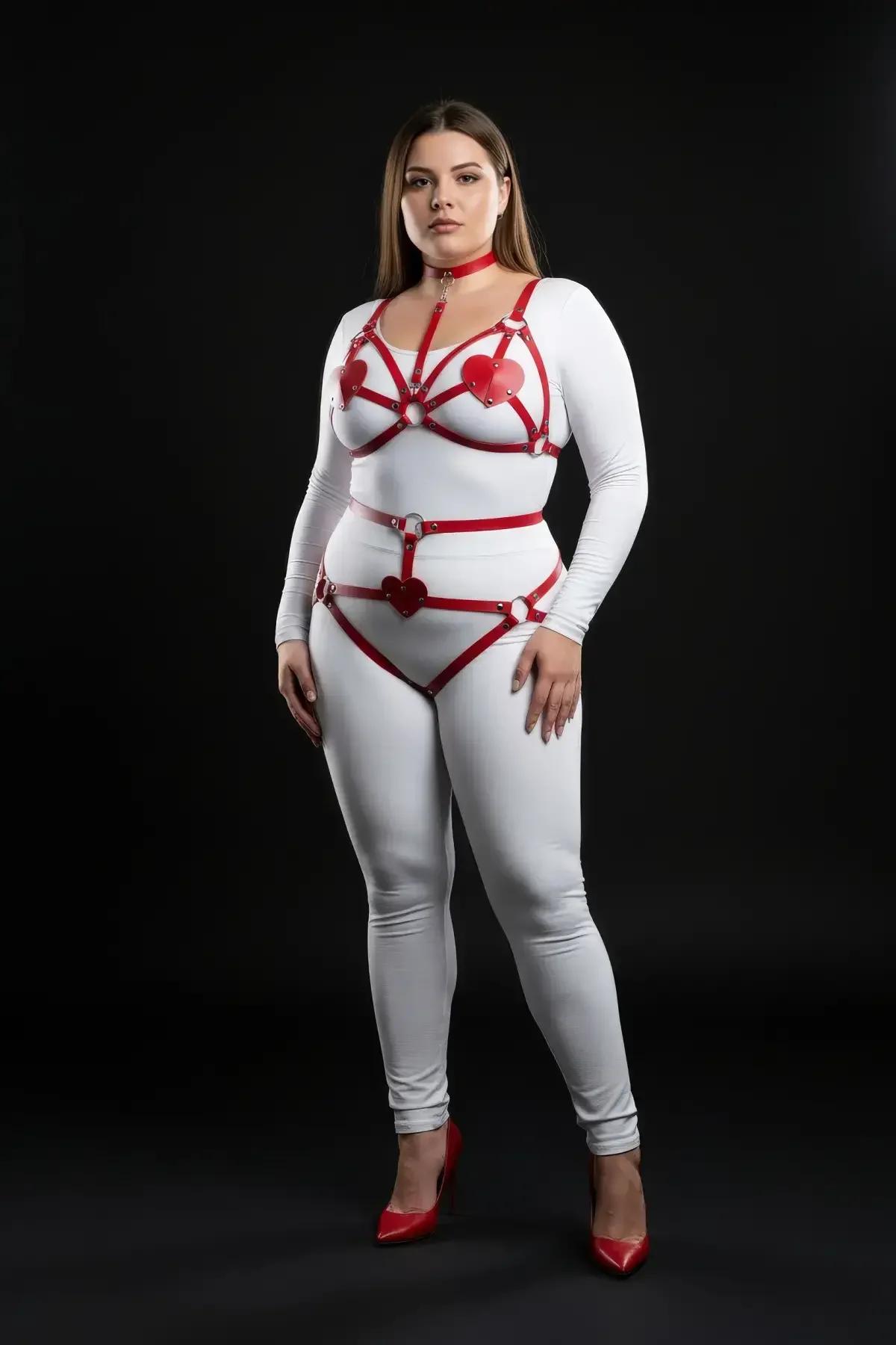 red faux leather body harness set with heart detail patches and silver O-rings worn over white bodysuit plus size model