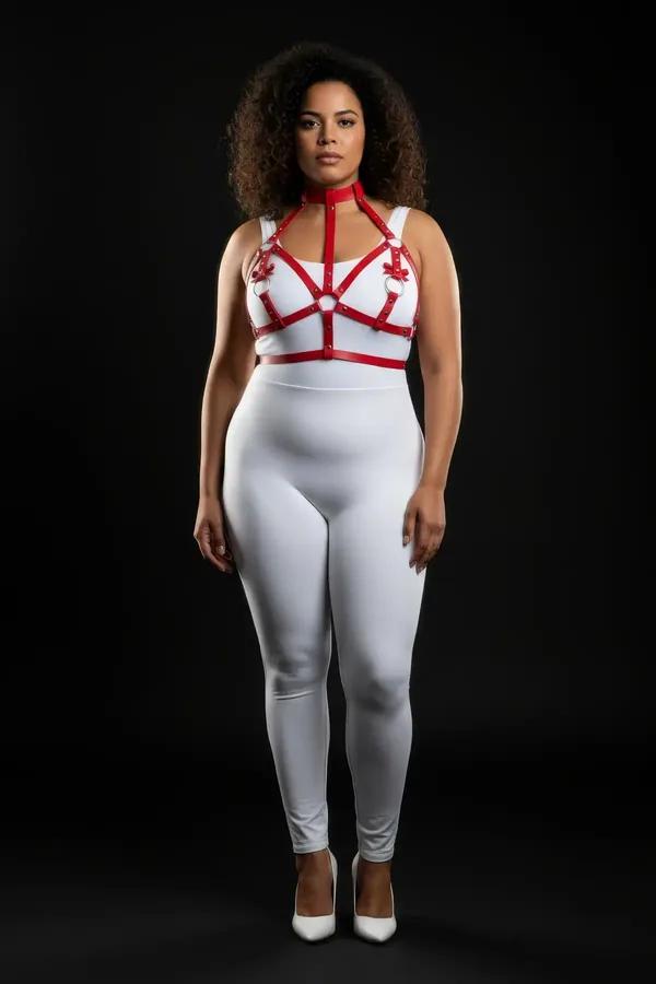 Red faux leather strappy chest harness with three silver O-rings, adjustable cage silhouette worn over white long-sleeve top