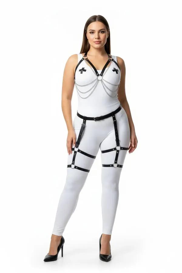 black vegan leather body harness and leg garter set with silver chain draping and cage thigh straps on model