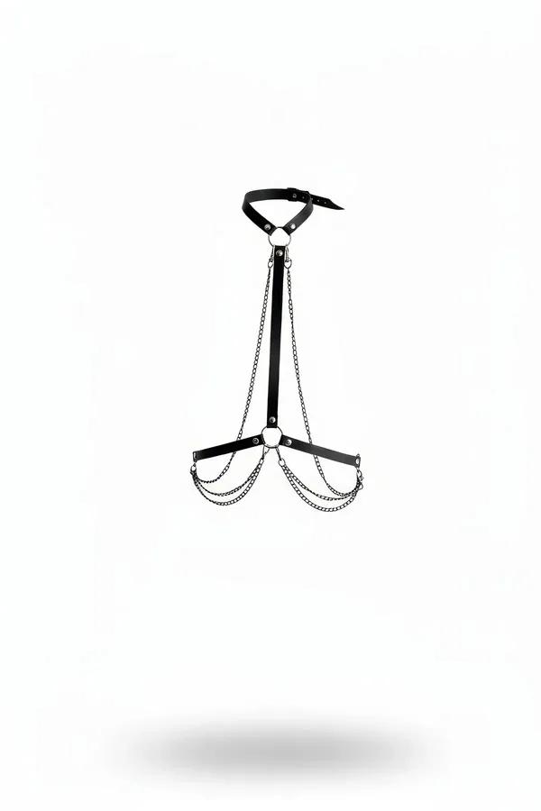 black faux leather chest harness with three-row draped silver chains and adjustable choker collar