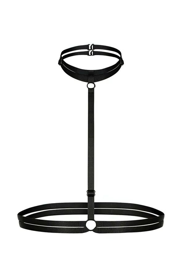 siyah lastik çift sıralı choker bel harness altın O-ring detayı önden görünüm