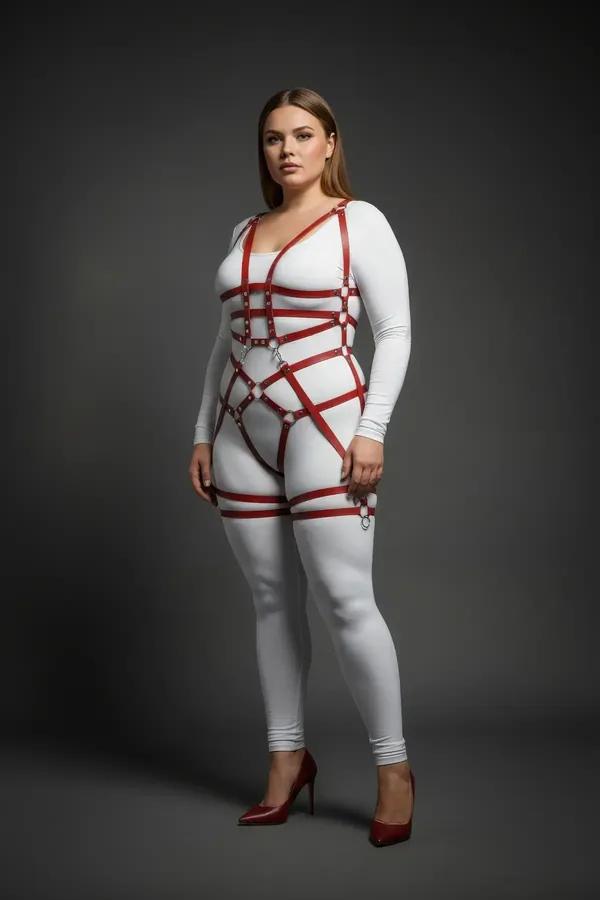 Claret red full body harness with silver O-rings and double thigh straps worn over white bodysuit, front view