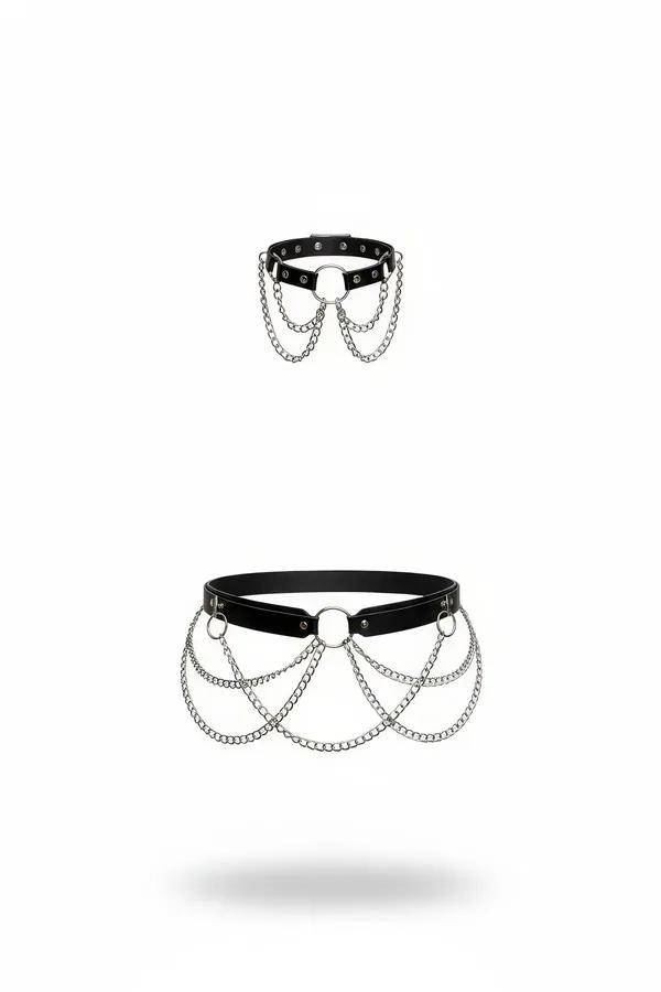 black faux leather chain waist harness with cascading silver O-ring draping chains and matching collar strap