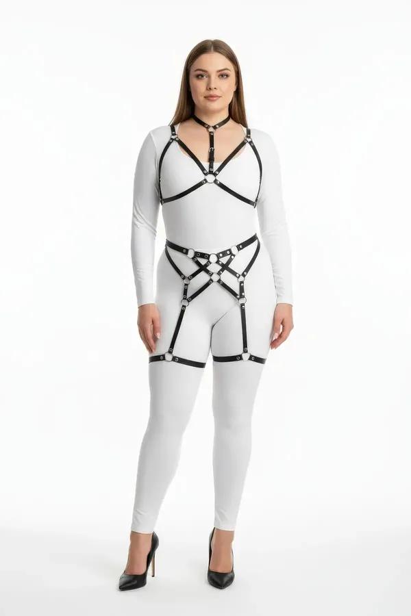 black faux leather full body harness set with choker chest harness hip panel and thigh garter straps silver O-rings