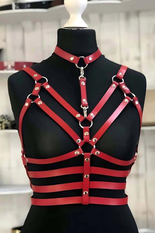 kırmızı suni deri fantazi büstiyer gümüş O-halkalı geometrik göğüs harness choker bantlı