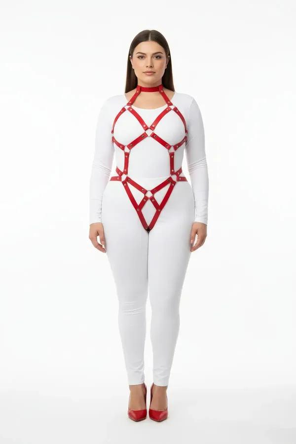 red faux leather full body harness geometric cage straps gold O-ring hardware with detachable choker chain