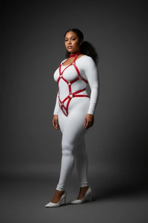 red faux leather full body harness geometric cage straps gold O-ring hardware with detachable choker chain