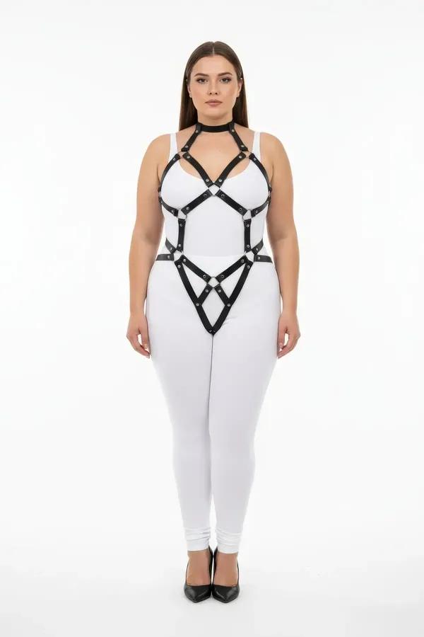 black faux leather adjustable o-ring body harness with geometric cage chest and hip straps on plus-size model