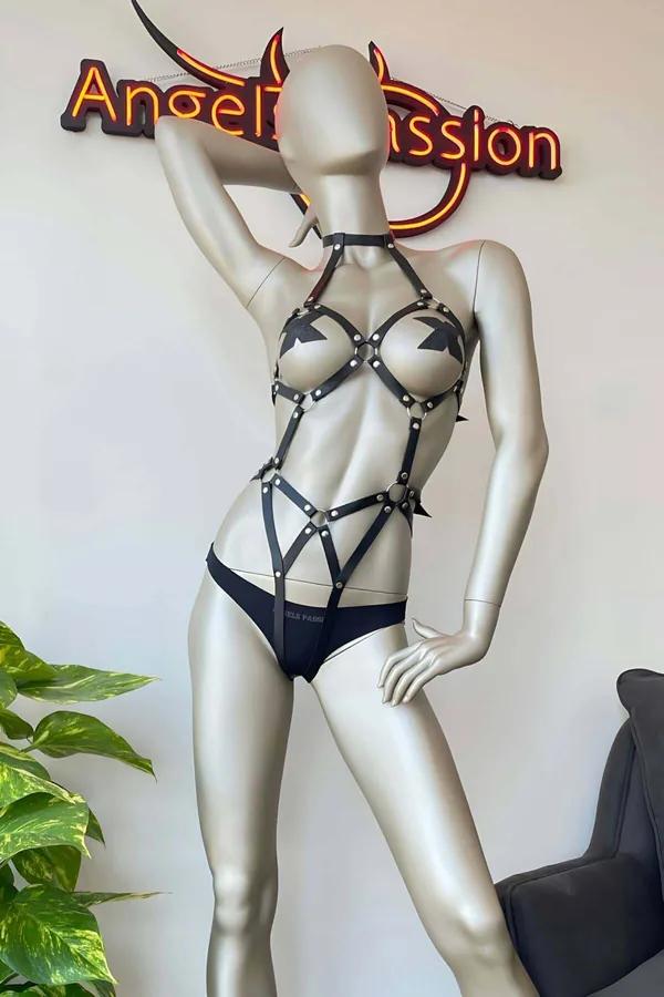 siyah vegan deri dansçı harness kostüm gümüş O-ring detaylı tam vücut S/M-4XL/5XL beden