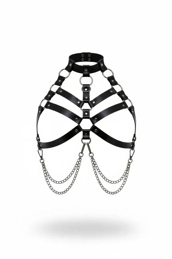 Black faux leather halter body harness with O-ring choker, four horizontal cage straps, silver rivets, and triple draped silv