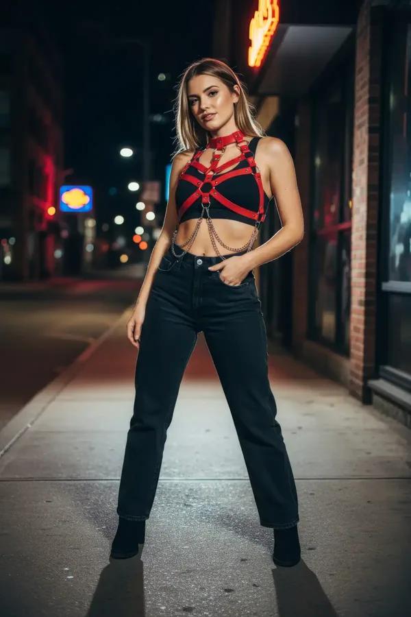 red faux leather caged chest harness with silver O-rings choker collar and waist chains worn over black bra