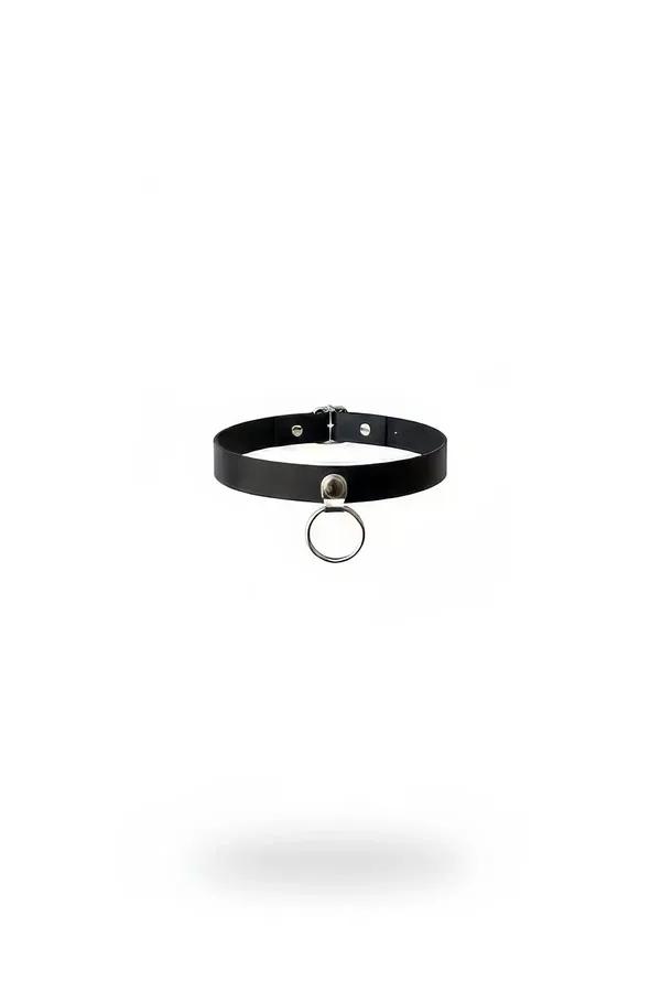 black faux leather choker with centered silver O-ring detail and pin-buckle back closure