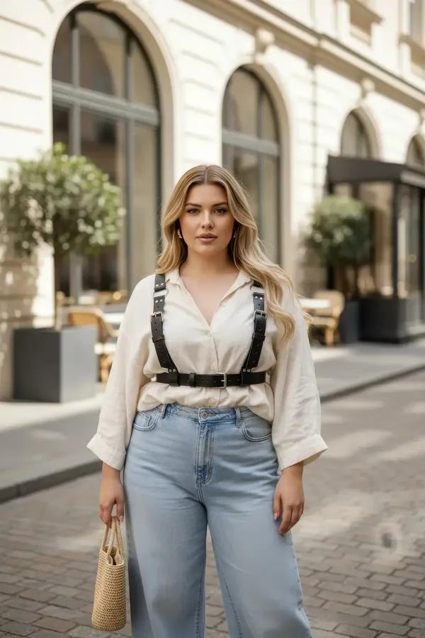 büyük beden siyah vegan deri harness korse çok tokalı gümüş metal toka omuz askılı bel kemeri