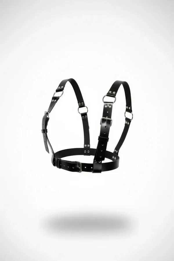 black vegan leather chest harness with dual silver rectangular buckles and adjustable shoulder and waist straps, floating pro