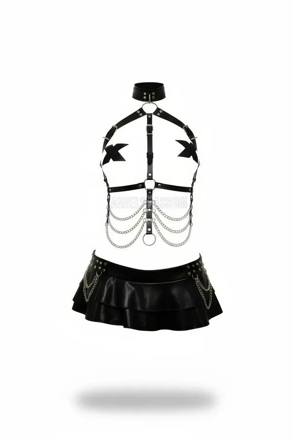 Black faux leather body harness set with choker, four-row draped silver chains, O-rings, and double-tiered studded mini skirt