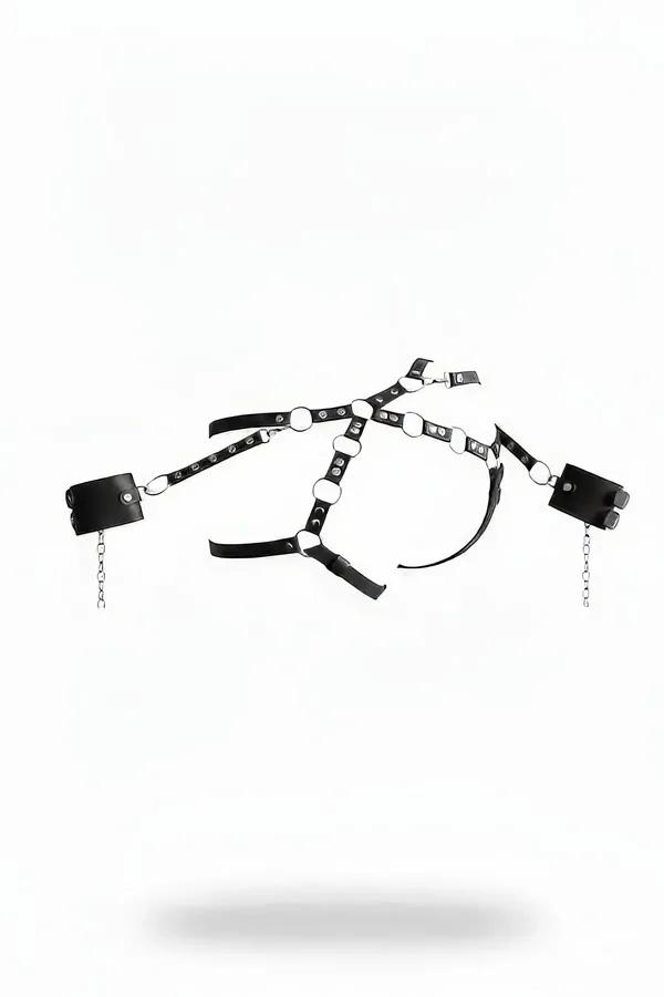 siyah suni deri harness takım gümüş metal O-halkalı zincirli bilek kelepçeli set