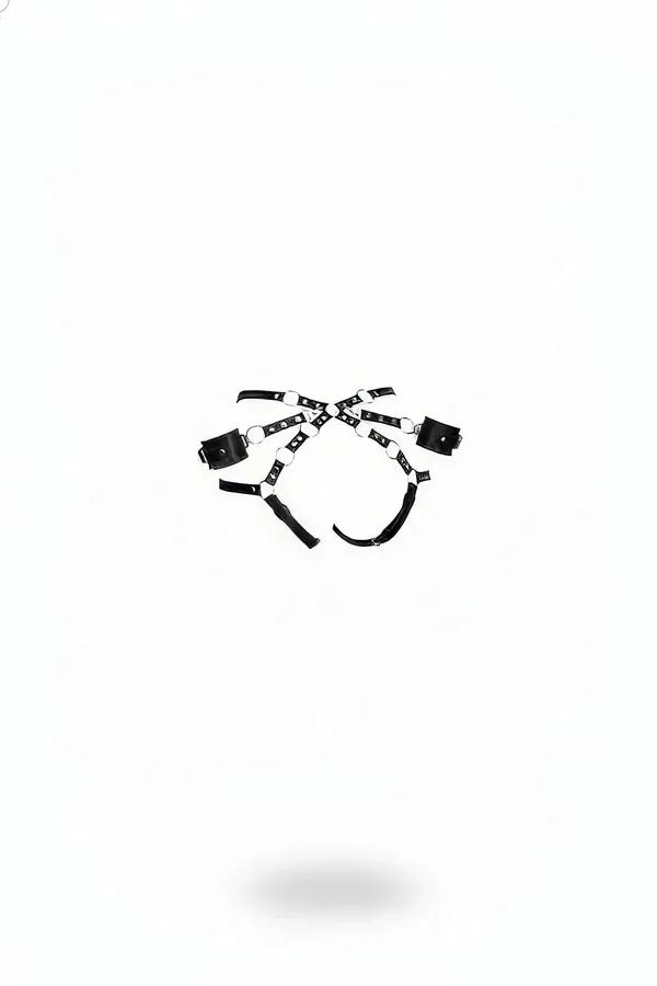 siyah vegan deri harness takım gümüş metal O-halkalar ve bilek bantlı çapraz strap set