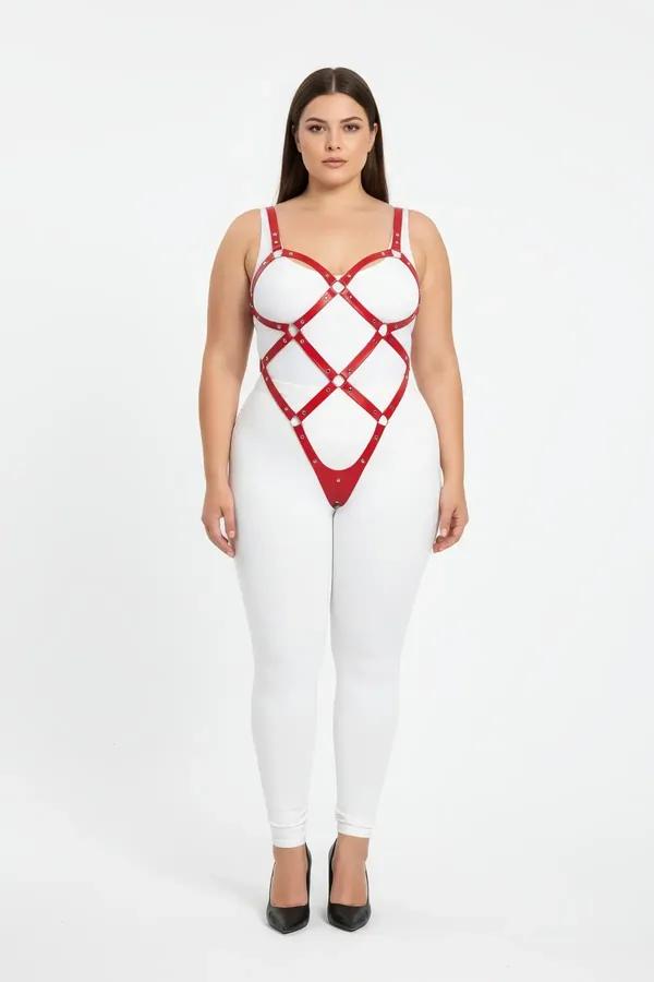 kırmızı vegan deri full body harness büyük beden baklava kafes gümüş O-halka detaylı
