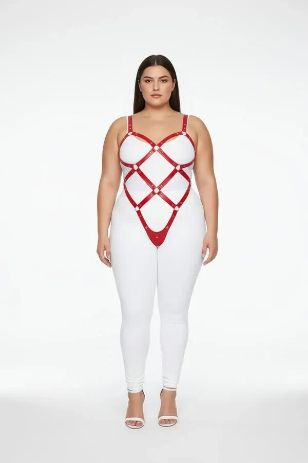 red vegan leather full body harness with diamond lattice and silver O-ring hardware worn on plus-size model