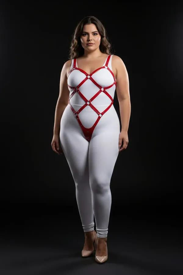 red vegan leather full body harness with diamond lattice and silver O-ring hardware worn on plus-size model