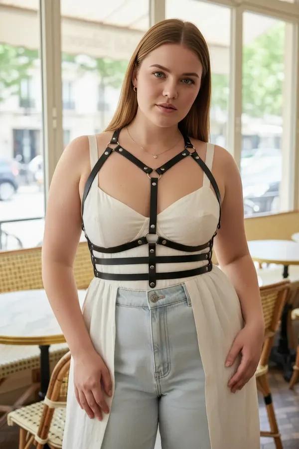 black faux leather chest harness with four horizontal straps and silver stud hardware worn over white shirt