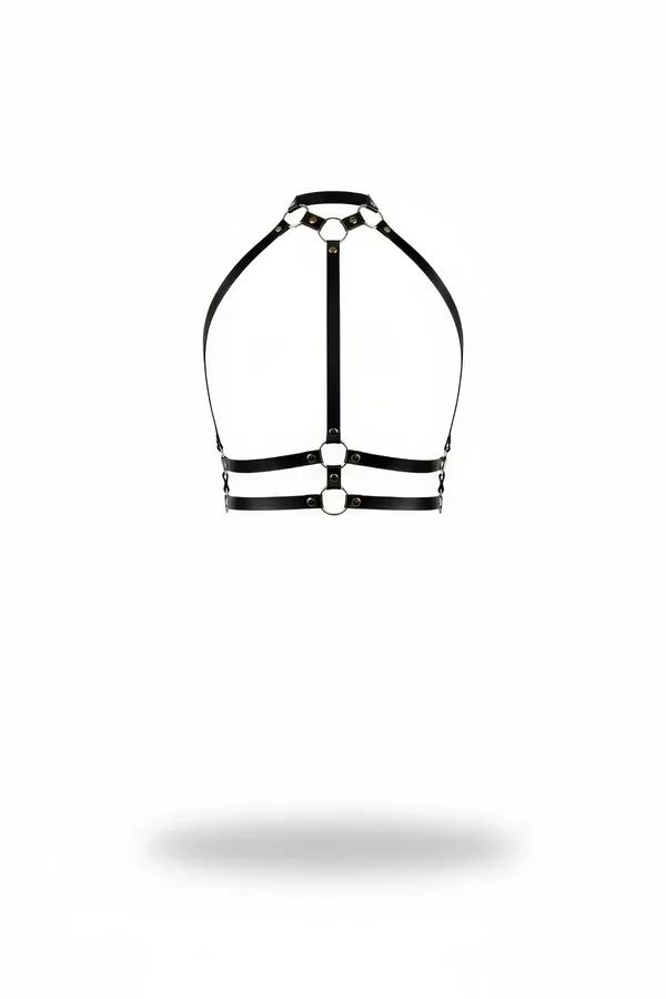 black faux leather halter neck o-ring chest harness with dual underbust straps and silver-tone hardware