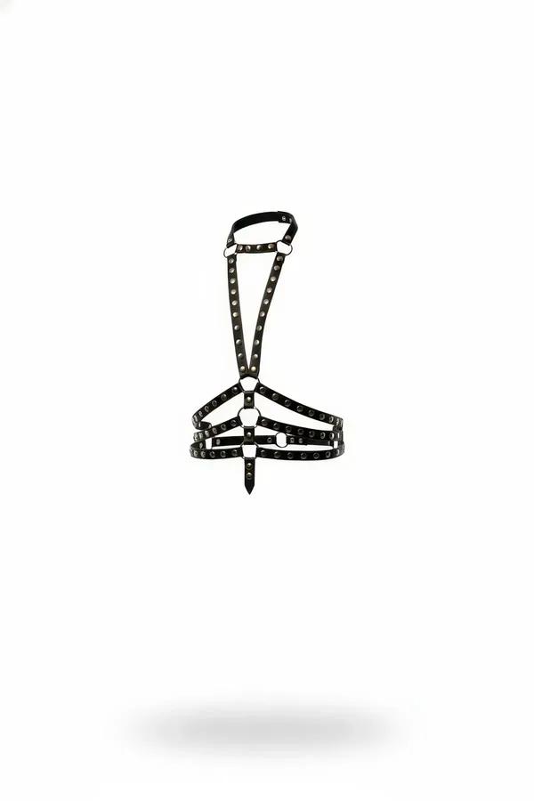 black studded faux leather chest harness with front O-ring and three underbust bands on white background
