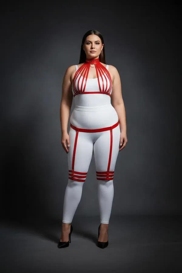 red faux leather cage chest harness set with tiered choker collar and triple-band thigh garters gold hardware