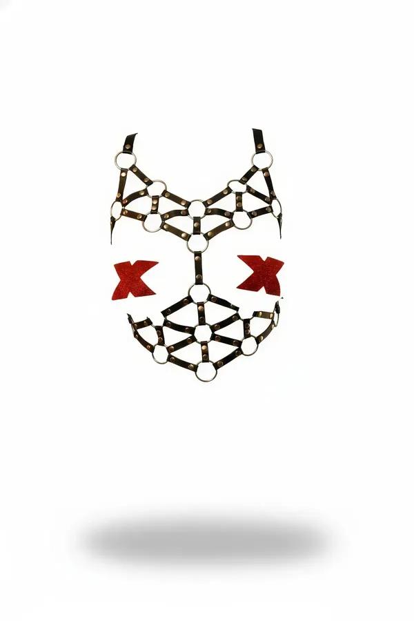 black faux leather full cage chest harness with silver O-rings and metal studs at every strap junction