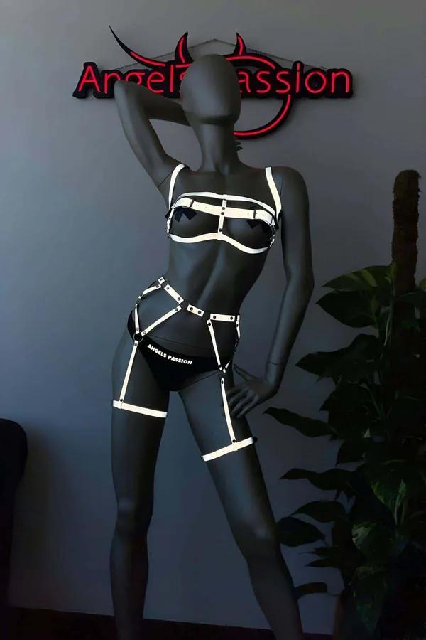 reflektörlü harness sütyen jartiyer takımı siyah bantlı beyaz yansımalı iki parça set