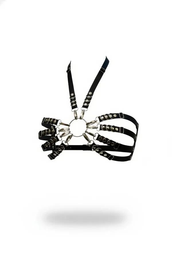 black faux leather strappy harness bustier with central silver O-ring and four riveted strap rows