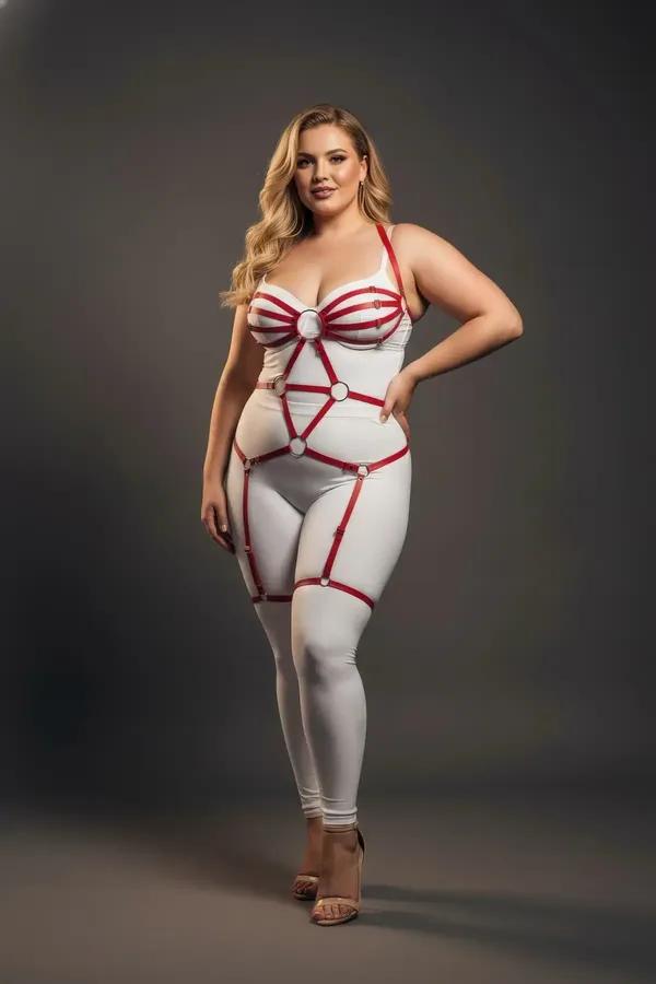 red full body caged harness with white O-ring details and adjustable thigh straps worn by plus-size model