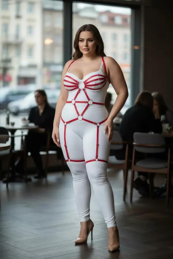 red full body caged harness with white O-ring details and adjustable thigh straps worn by plus-size model