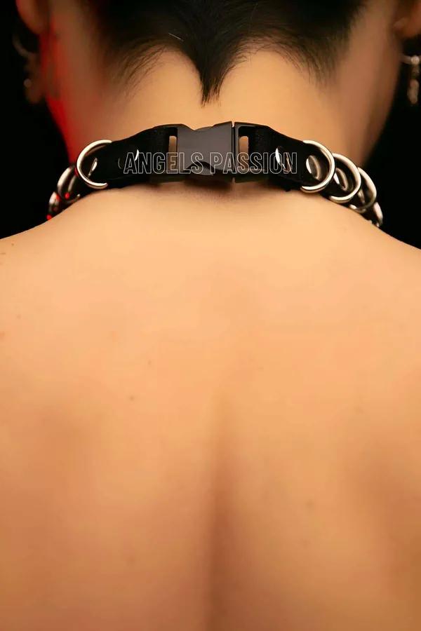 siyah vegan deri choker kolye gümüş zincir bantlı iç içe çift metal halka sarkıtlı