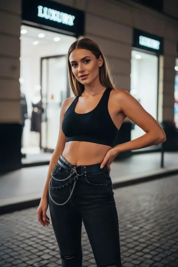 Black faux leather waist harness with silver-tone chain and multi-strap riveted bands worn over high-waist jeans