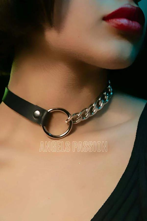 siyah vegan deri zincirli choker gümüş O-halka ve küba zinciri detaylı boyunluk