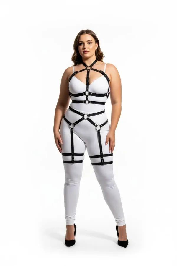 black faux leather full body harness with integrated thigh garters silver O-ring chest and waist bands halter neck