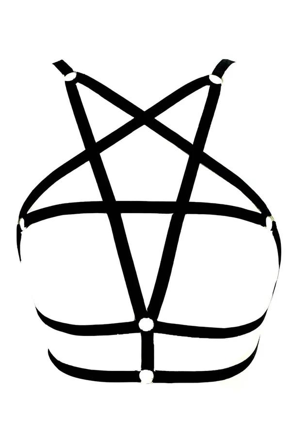 Siyah lastik bantlı geometrik kafes göğüs harness, gümüş O-halka detay, pentagram çapraz desen
