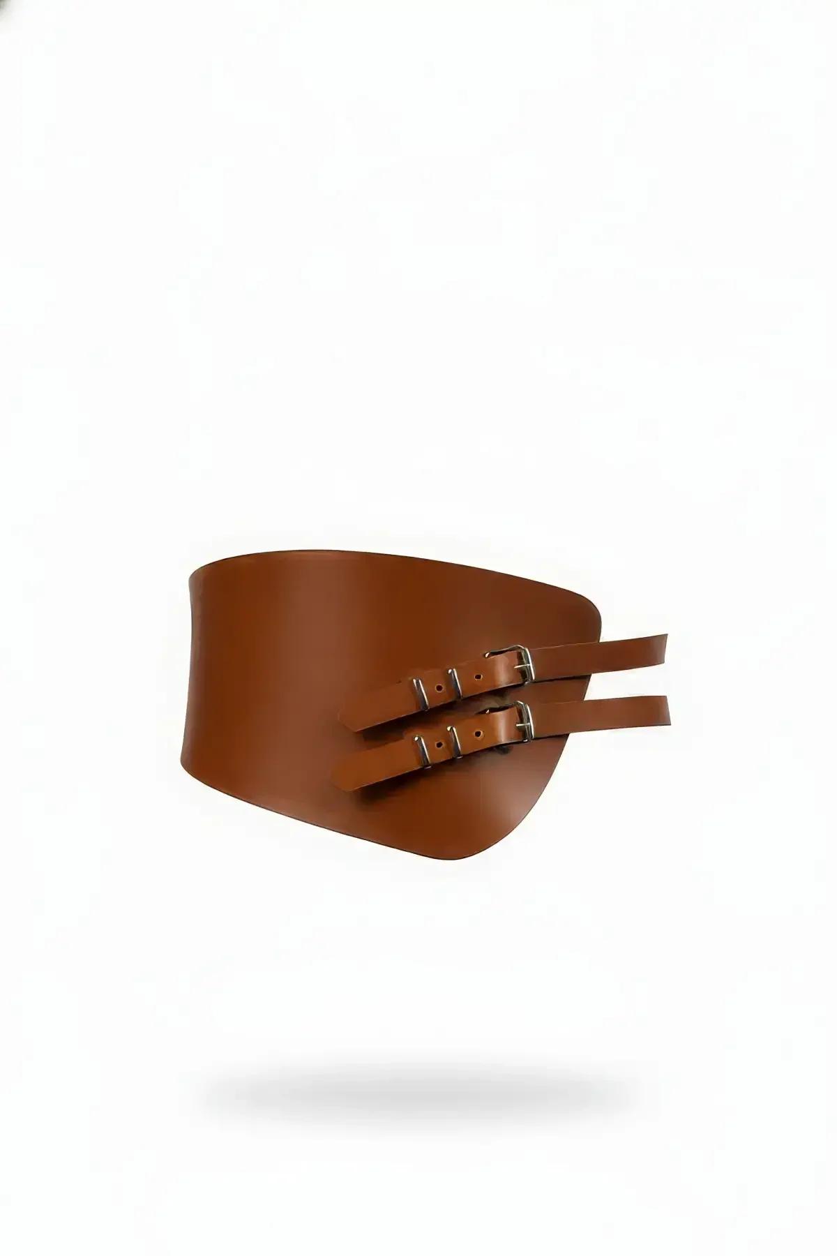 tan faux leather wide corset waist cinch belt with double silver buckle closure side view