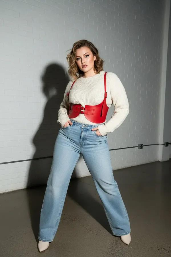red faux leather underbust waist harness with dual silver buckles worn over cream knit sweater