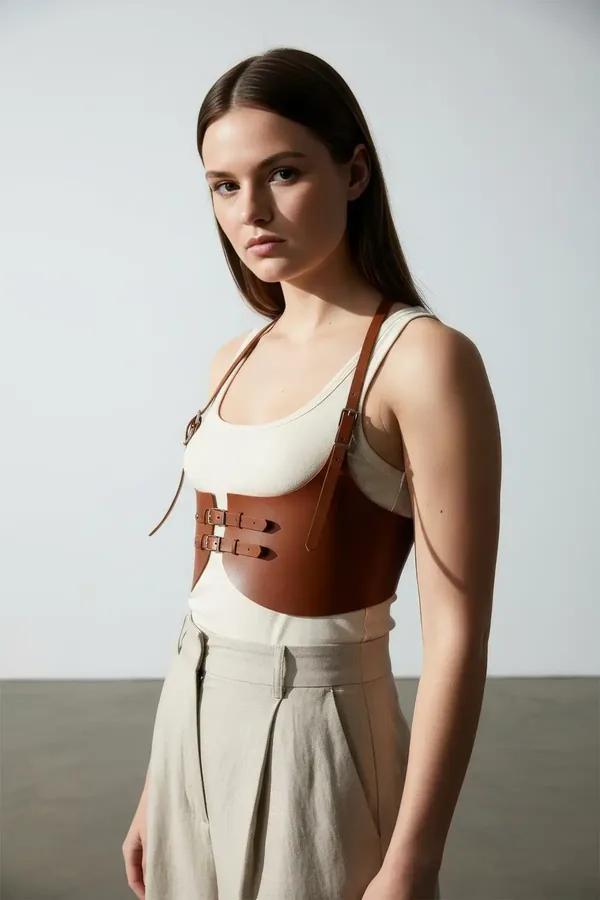 brown faux leather underbust corset harness top with dual buckle front and gold O-ring shoulder straps