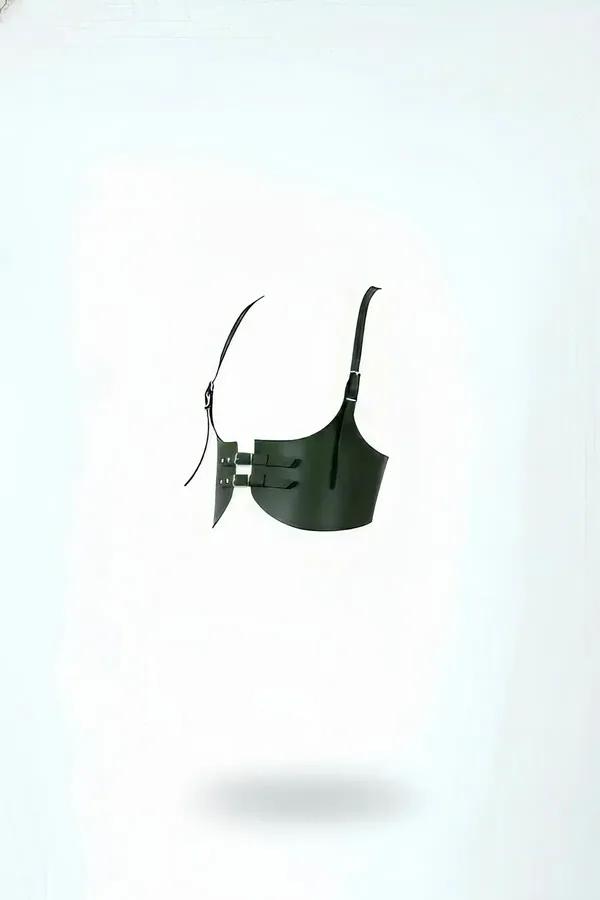 dark olive faux leather structured underbust harness with double silver-tone front buckles and adjustable shoulder straps