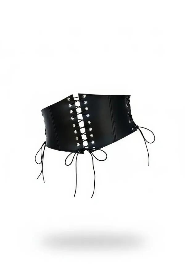 black faux leather lace-up waspie corset belt with silver eyelets and three lace panels structured waist cincher