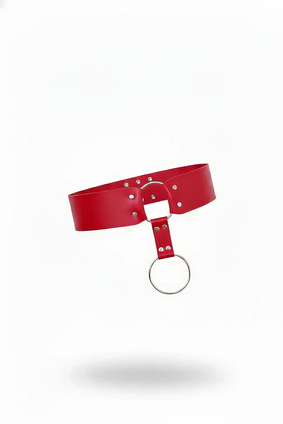 red faux leather wide waist belt with front-drop silver O-ring tab and dome stud hardware