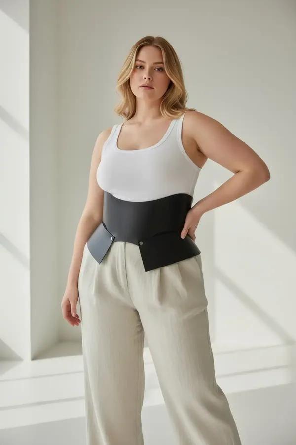 black faux leather wide waist cincher harness belt worn over cream ribbed tank and linen trousers showing structured front pa