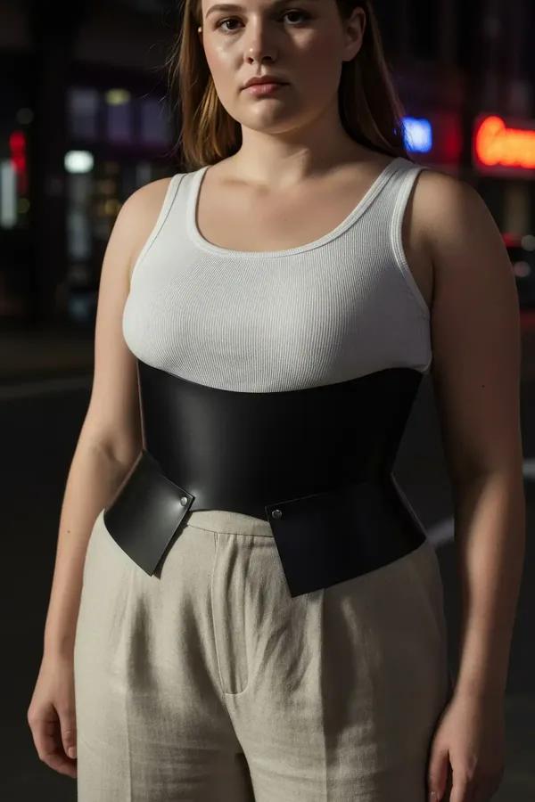 black faux leather wide waist cincher harness belt worn over cream ribbed tank and linen trousers showing structured front pa