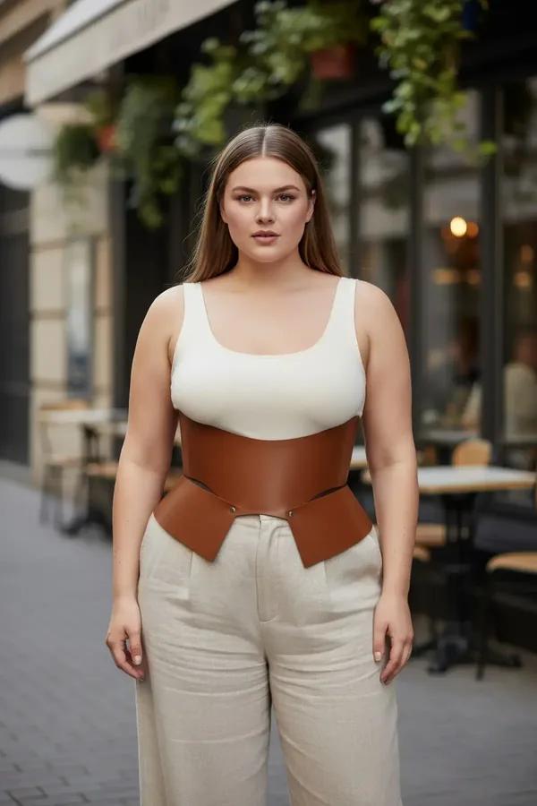 tan faux leather waspie waist cinch belt with angular front panels and gold stud hardware worn over cream tank top